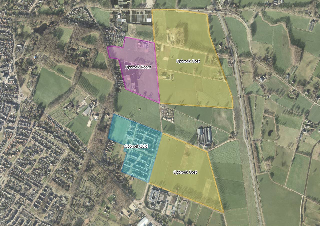 Plattegrond van het Opbroek met daarop weergegeven de deelgebieden Opbroek Noord, Opbroek Zuid en Opbroek Oost