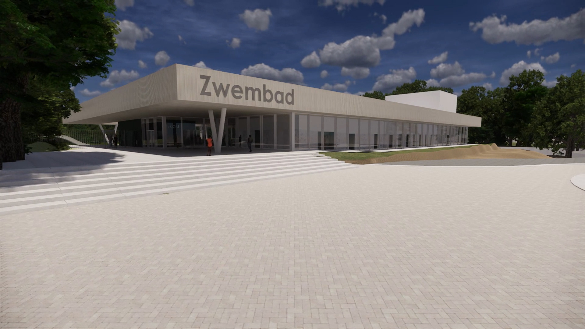 Ontwerpschets van het nieuwe zwembadgebouw, vanaf de voorkant.