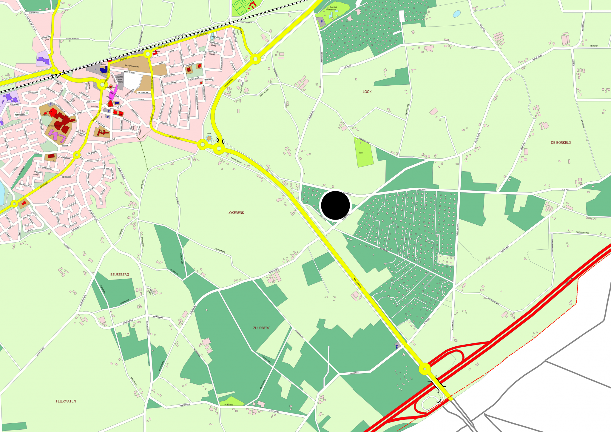 Een kaart van Holten en het buitengebied om globaal de locatie van het asielzoekerscentrum aan te geven door middel van een zwarte stip.